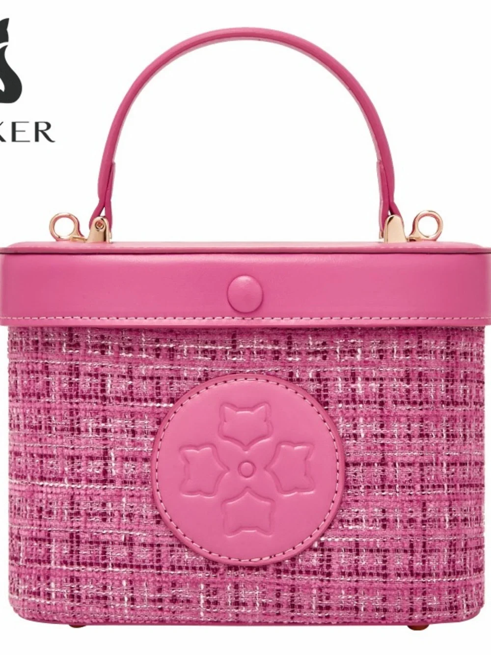 Pink Tweed Top-Handle Cosmetic Case with Embossed Detail